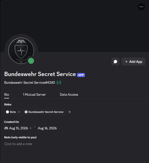 The Bundeswehr Secret Service bot shown online in Discord, carrying the Bots and server roles.
