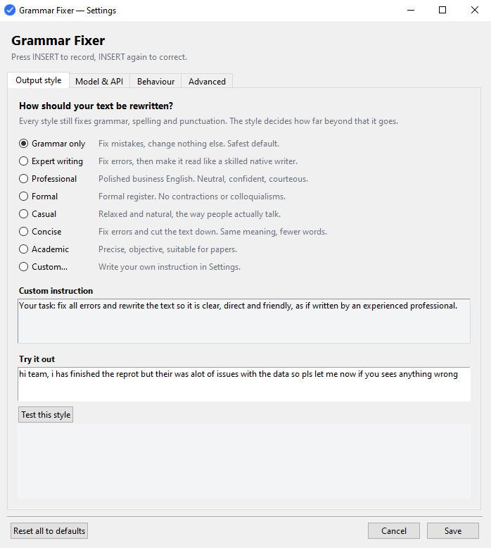 Grammar Fixer settings on the Output style tab, listing the eight rewriting styles from Grammar only through to Custom.