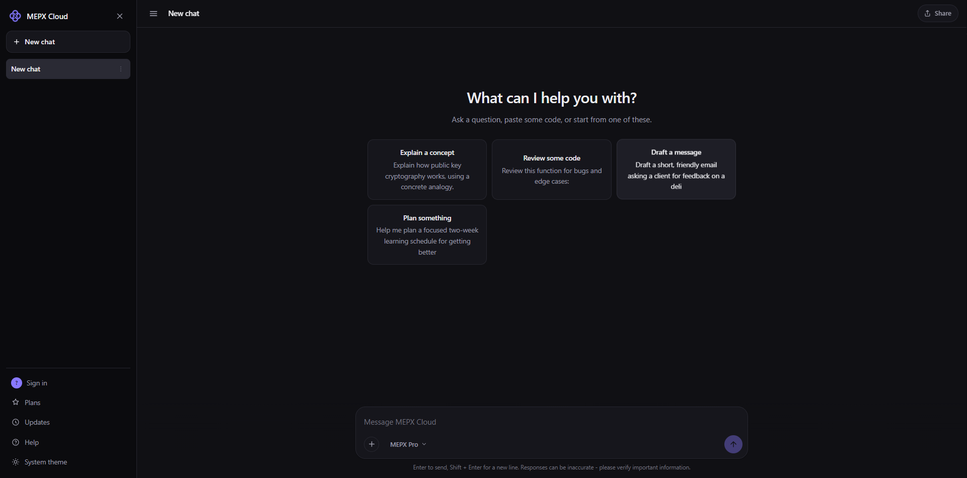 MEPX Cloud on a new chat, with the conversation sidebar, four starter prompts and the model picker set to MEPX Pro.
